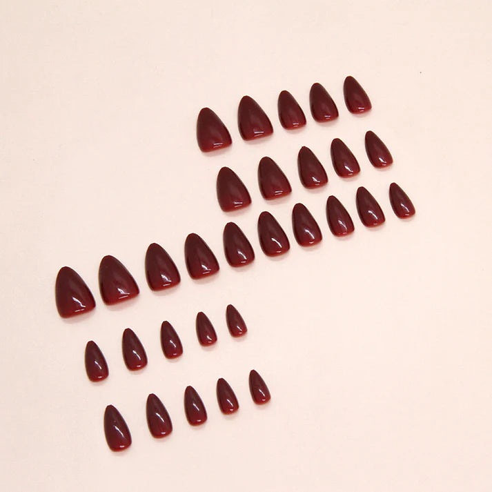 Dark Maroon - Press On Nail Set Of 12 - Free 12 Pcs Sticker Sheet, Mini Filers And Scrubbers Included