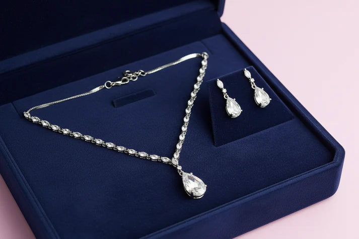 Crystal Pink Natural Stone Rain Drop Diamonds Silver