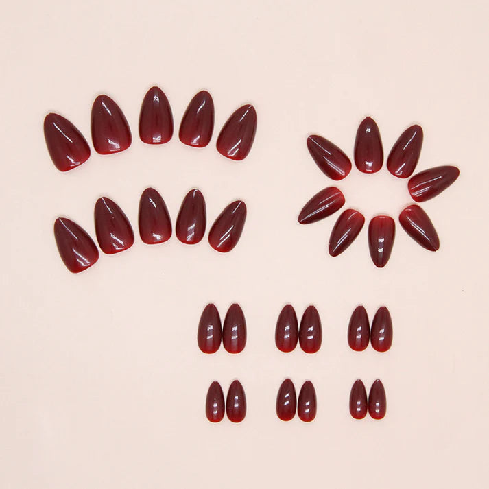 Dark Maroon - Press On Nail Set Of 12 - Free 12 Pcs Sticker Sheet, Mini Filers And Scrubbers Included