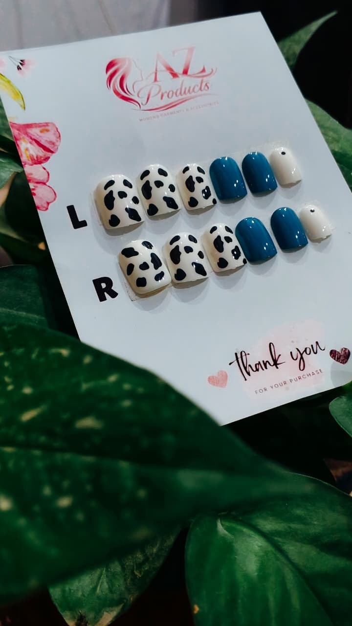 Blue Moo Aura - Press On Nail Set Of 12 - Free 12 Pcs Sticker Sheet, Mini Filers And Scrubbers Included