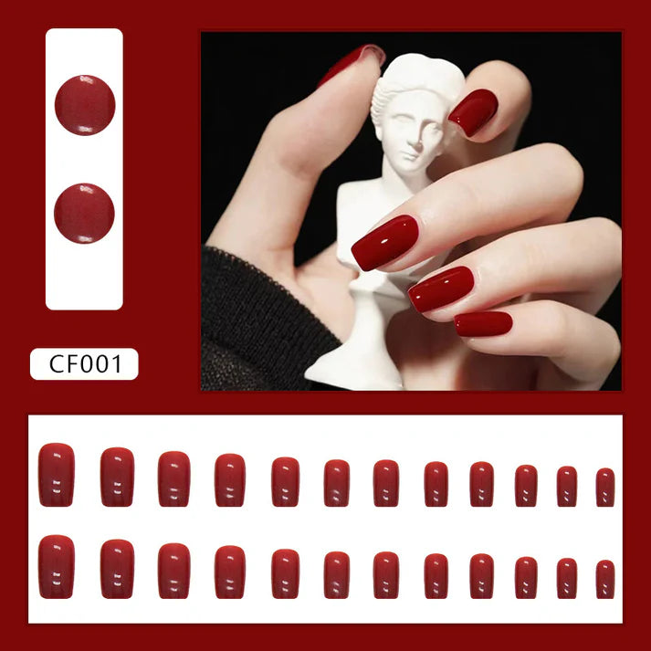 Deep maroon - Press On Nail Set Of 12 - Free 12 Pcs Sticker Sheet, Mini Filers And Scrubbers Included