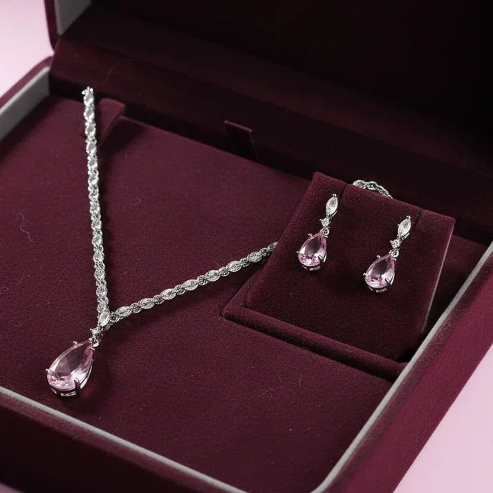 Crystal Pink Natural Stone Rain Drop Diamonds Silver