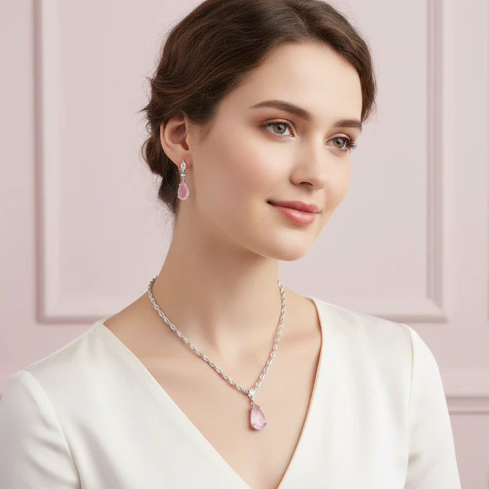 Crystal Pink Natural Stone Rain Drop Diamonds Silver