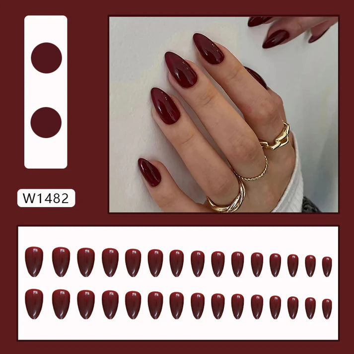 Dark Maroon - Press On Nail Set Of 12 - Free 12 Pcs Sticker Sheet, Mini Filers And Scrubbers Included