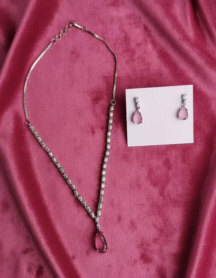 Matte Pink Natural Stone Square Diamonds Silver - Jewelry Set Of 2