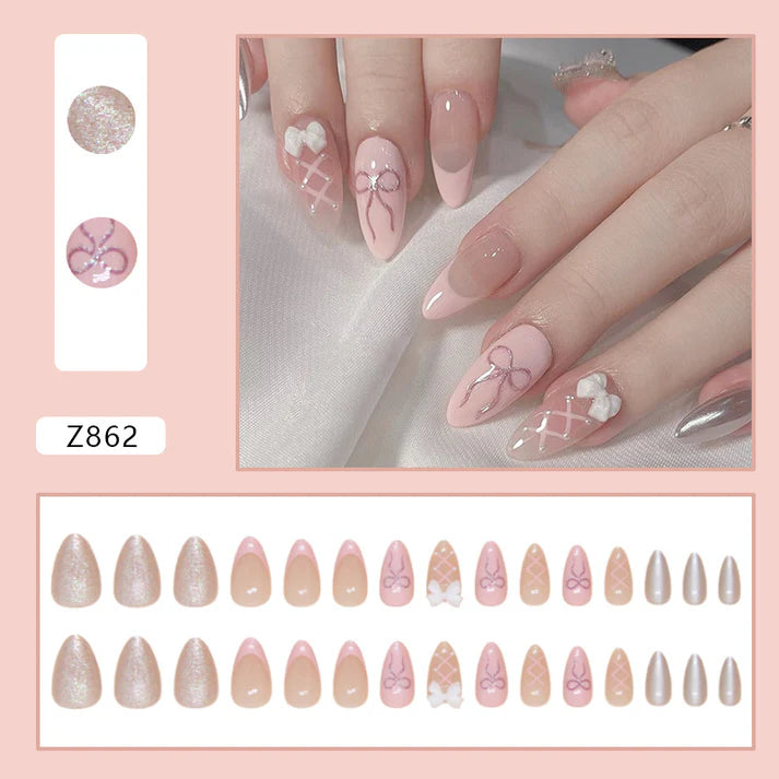 Pastel Pink Bow - Press On Nail Set Of 12 - Free 12 Pcs Sticker Sheet, Mini Filers And Scrubbers IncludedPress On Nail Set Of 12 - Free 12 Pcs Sticker Sheet, Mini Filers And Scrubbers Included