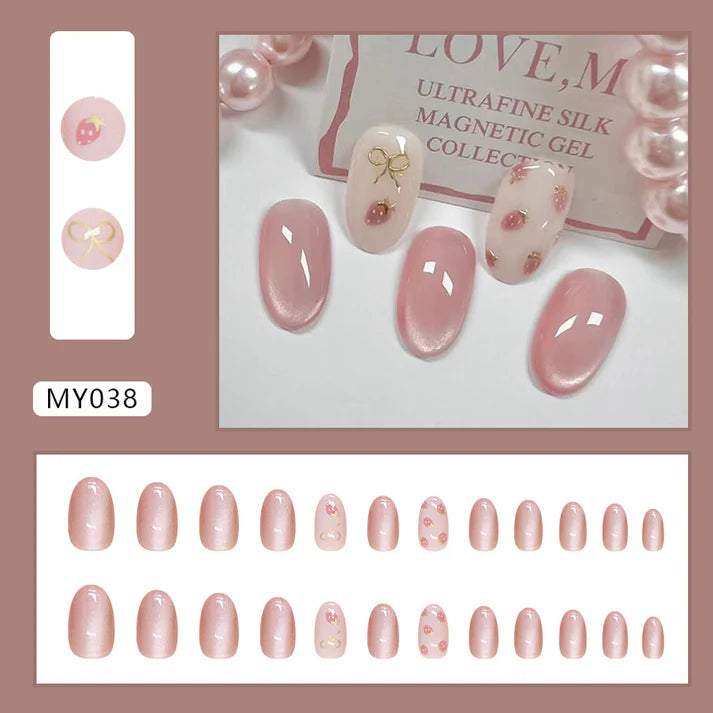 Bow & Strawberry Pink Shiny - Press On Nail Set Of 12 - Free 12 Pcs Sticker Sheet, Mini Filers And Scrubbers Included
