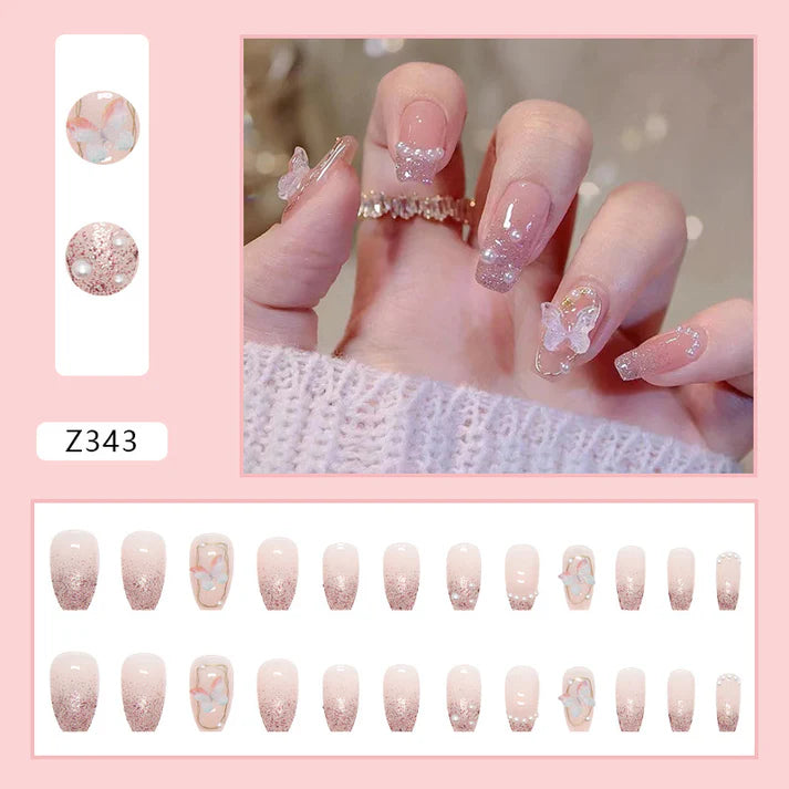 Pink Sparkle Butterfly - Press On Nail Set Of 12 - Free 12 Pcs Sticker Sheet, Mini Filers And Scrubbers Included