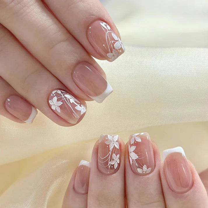 Silver Flowers Pink - Press On Nail Set Of 12 - Free 12 Pcs Sticker Sheet, Mini Filers And Scrubbers Included