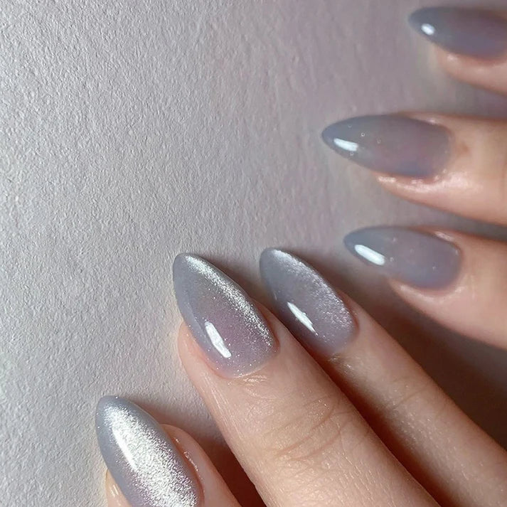 Titanium Grey Shiny - Press On Nail Set Of 12 - Free 12 Pcs Sticker Sheet, Mini Filers And Scrubbers Included