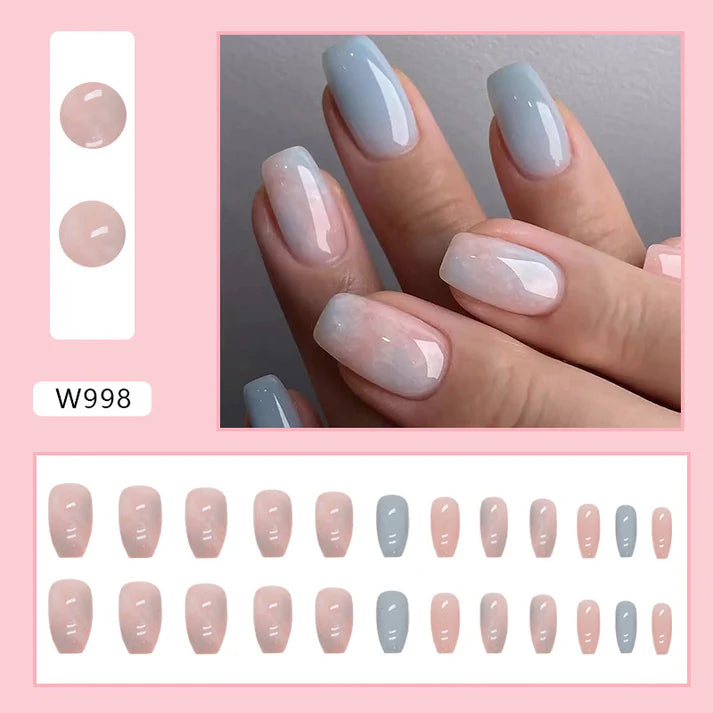 Pastel Pink & Blue - Press On Nail Set Of 12 - Free 12 Pcs Sticker Sheet, Mini Filers And Scrubbers Included