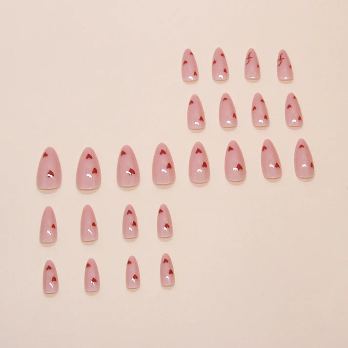 Red Hearts Pink - Press On Nail Set Of 12 - Free 12 Pcs Sticker Sheet, Mini Filers And Scrubbers Included