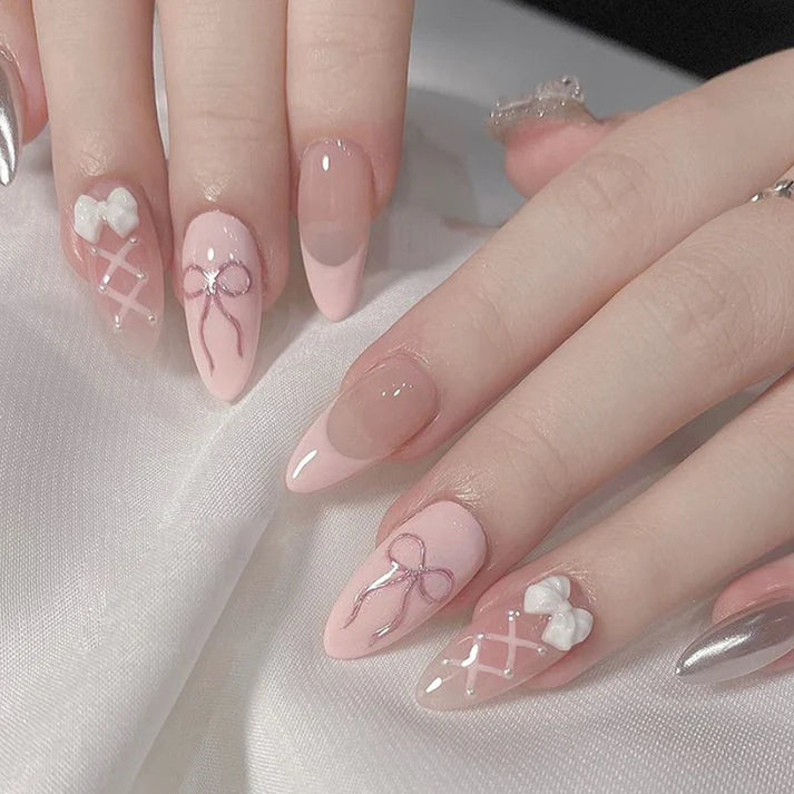 Pastel Pink Bow - Press On Nail Set Of 12 - Free 12 Pcs Sticker Sheet, Mini Filers And Scrubbers IncludedPress On Nail Set Of 12 - Free 12 Pcs Sticker Sheet, Mini Filers And Scrubbers Included