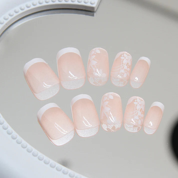 Silver Flowers Pink - Press On Nail Set Of 12 - Free 12 Pcs Sticker Sheet, Mini Filers And Scrubbers Included