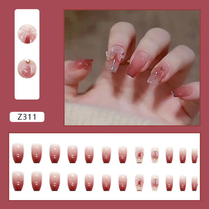 Shiny Butterfly Dark Pink -  Press On Nail Set Of 12 - Free 12 Pcs Sticker Sheet, Mini Filers And Scrubbers Included