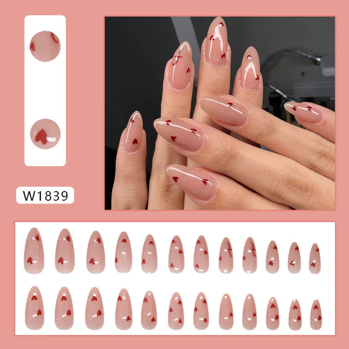 Red Hearts Pink - Press On Nail Set Of 12 - Free 12 Pcs Sticker Sheet, Mini Filers And Scrubbers Included