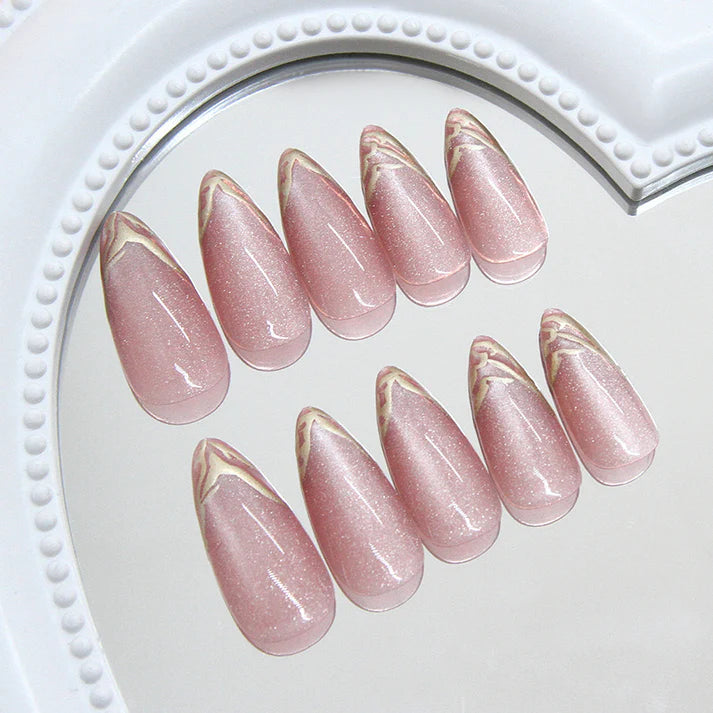 Pinkish Gold Foil - Press On Nail Set Of 12 - Free 12 Pcs Sticker Sheet, Mini Filers And Scrubbers Included