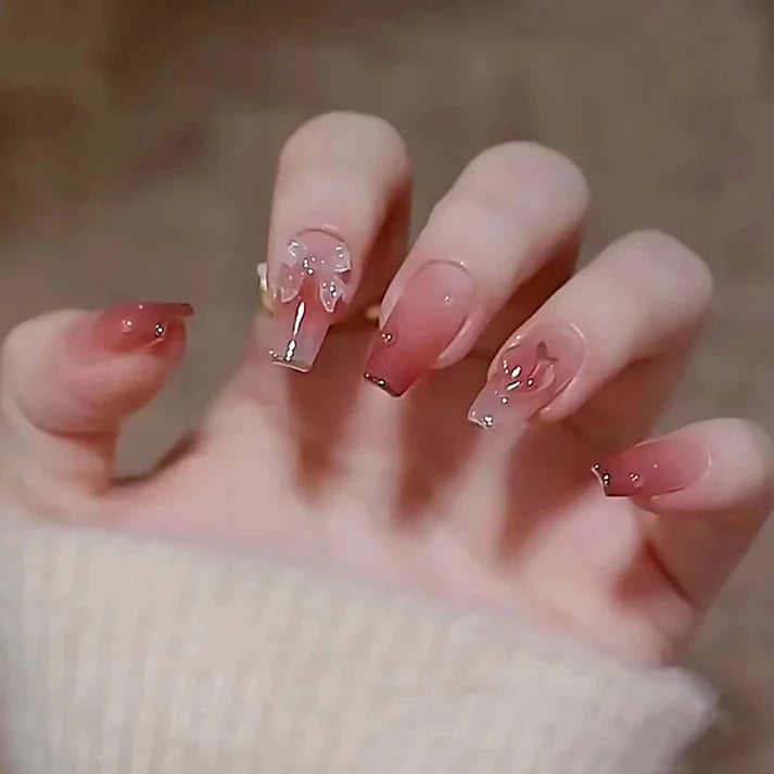 Shiny Butterfly Dark Pink -  Press On Nail Set Of 12 - Free 12 Pcs Sticker Sheet, Mini Filers And Scrubbers Included