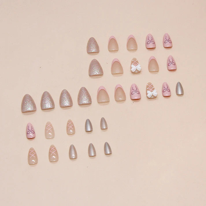 Pastel Pink Bow - Press On Nail Set Of 12 - Free 12 Pcs Sticker Sheet, Mini Filers And Scrubbers IncludedPress On Nail Set Of 12 - Free 12 Pcs Sticker Sheet, Mini Filers And Scrubbers Included