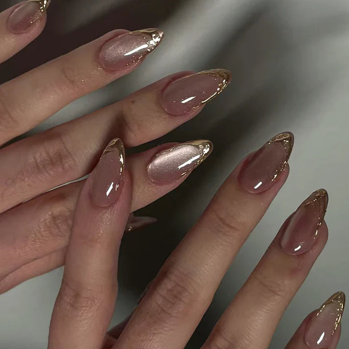 Pinkish Gold Foil - Press On Nail Set Of 12 - Free 12 Pcs Sticker Sheet, Mini Filers And Scrubbers Included