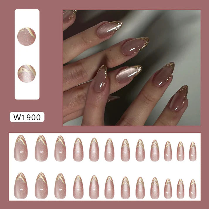 Pinkish Gold Foil - Press On Nail Set Of 12 - Free 12 Pcs Sticker Sheet, Mini Filers And Scrubbers Included