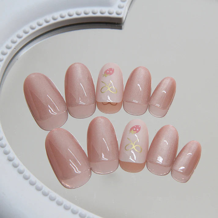 Bow & Strawberry Pink Shiny - Press On Nail Set Of 12 - Free 12 Pcs Sticker Sheet, Mini Filers And Scrubbers Included