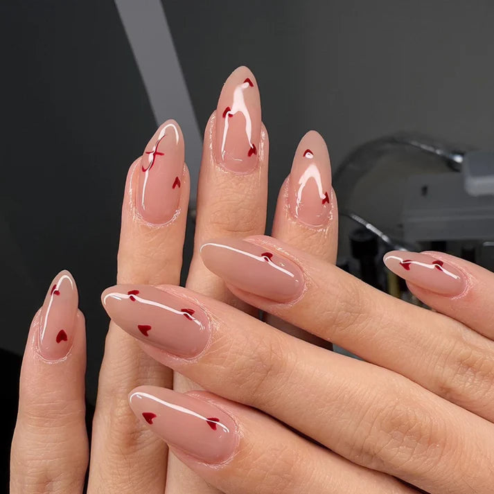 Red Hearts Pink - Press On Nail Set Of 12 - Free 12 Pcs Sticker Sheet, Mini Filers And Scrubbers Included