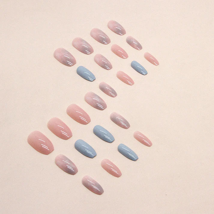 Pastel Pink & Blue - Press On Nail Set Of 12 - Free 12 Pcs Sticker Sheet, Mini Filers And Scrubbers Included