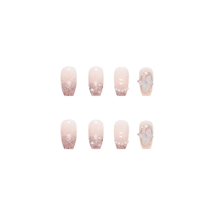 Pink Sparkle Butterfly - Press On Nail Set Of 12 - Free 12 Pcs Sticker Sheet, Mini Filers And Scrubbers Included