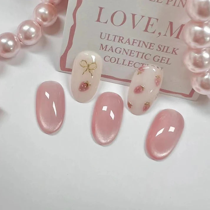 Bow & Strawberry Pink Shiny - Press On Nail Set Of 12 - Free 12 Pcs Sticker Sheet, Mini Filers And Scrubbers Included