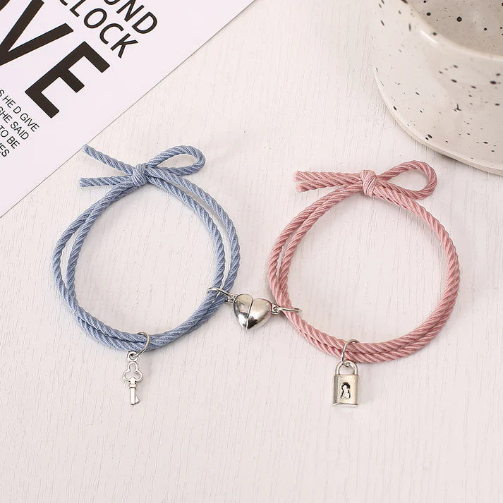 Blue & Pink Lock & Key Magnetic Heart - Bracelet Set