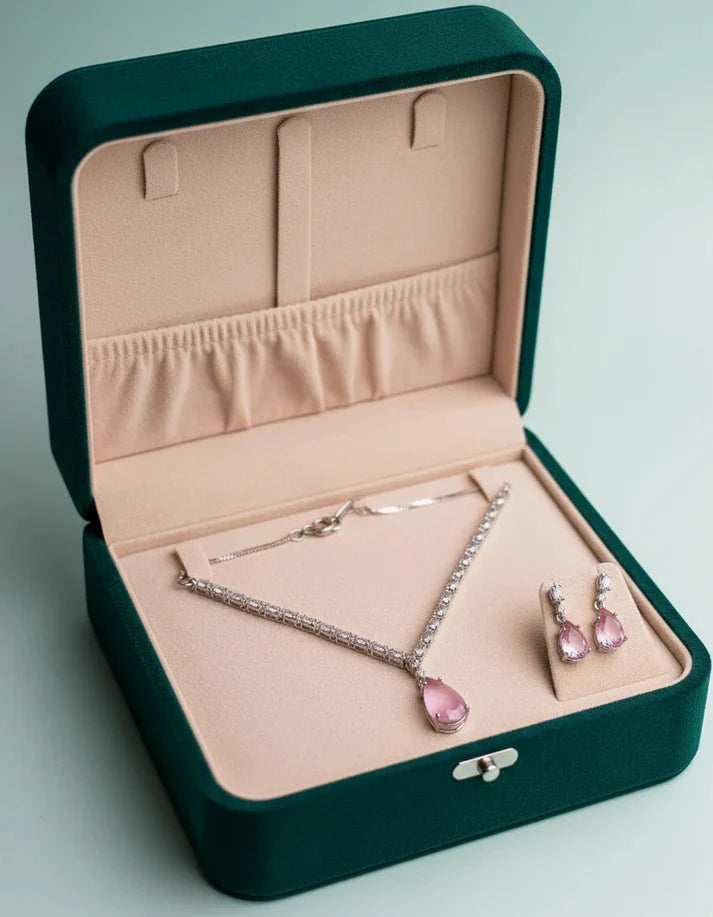 Matte Pink Natural Stone Square Diamonds Silver - Jewelry Set Of 2