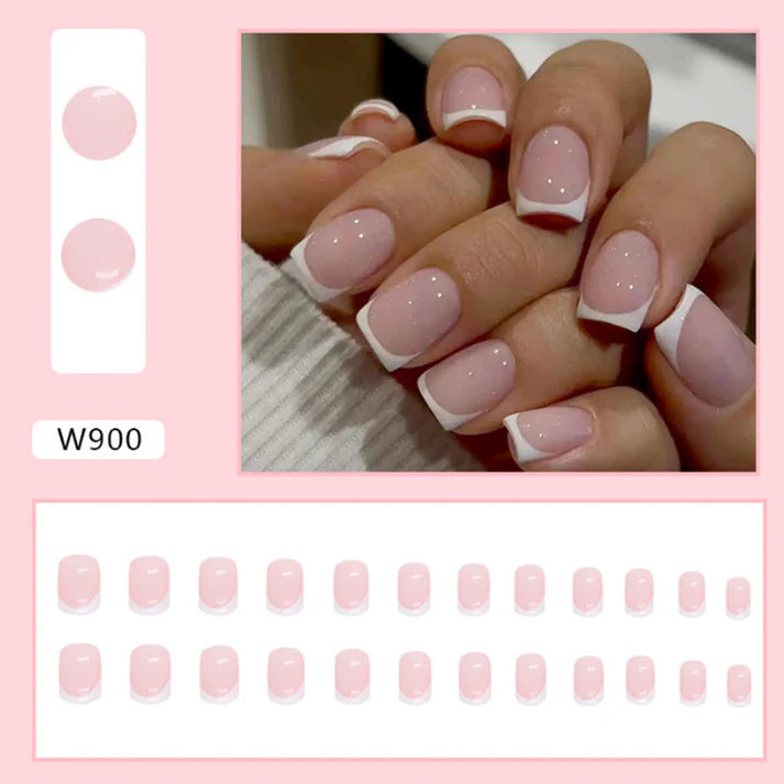 Soft Pink & White k - Press On Nail Set Of 12 - Free 12 Pcs Sticker Sheet, Mini Filers And Scrubbers Included
