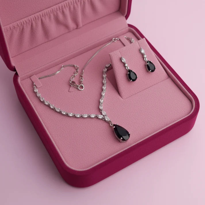 Black Natural Stone Rain Drop Diamonds Silver